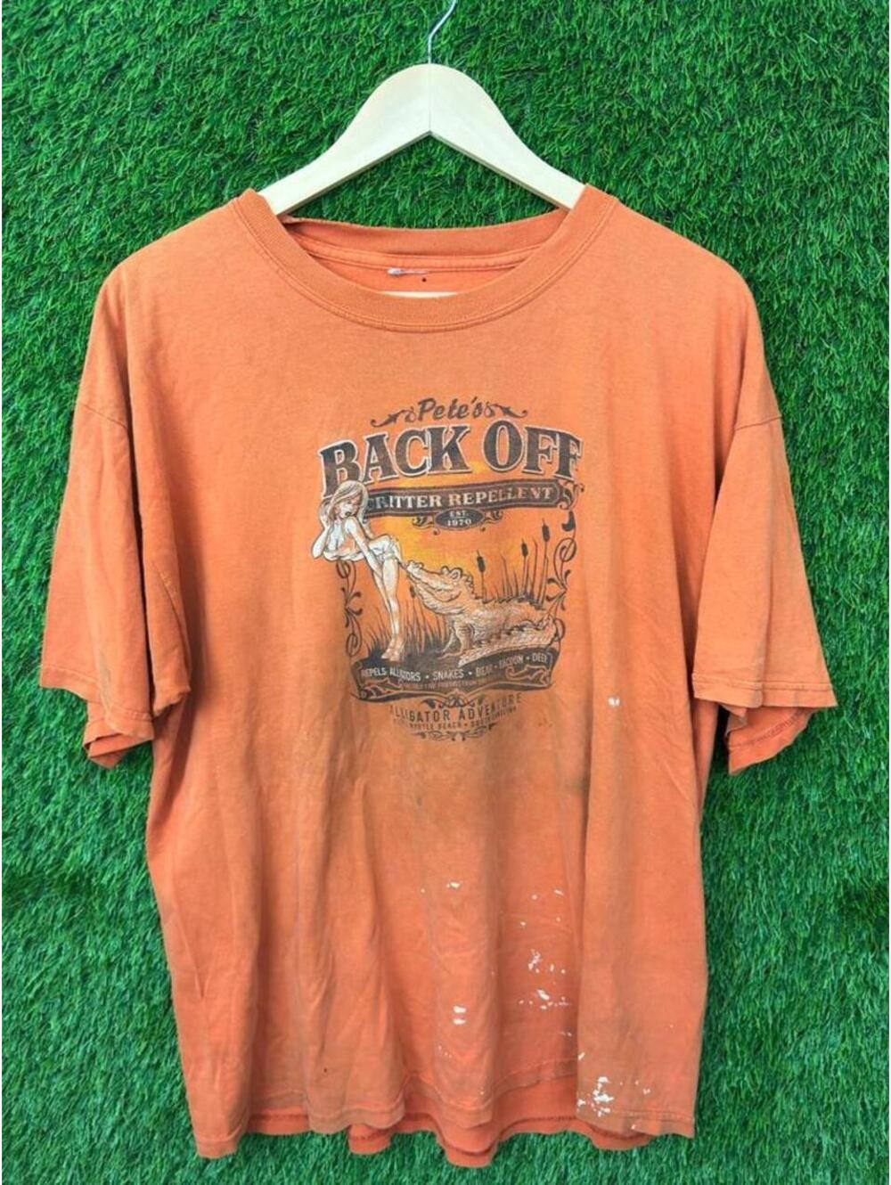 Pete’s Back Off Critter Repellent Alligator Graphic Distressed Orange Tee